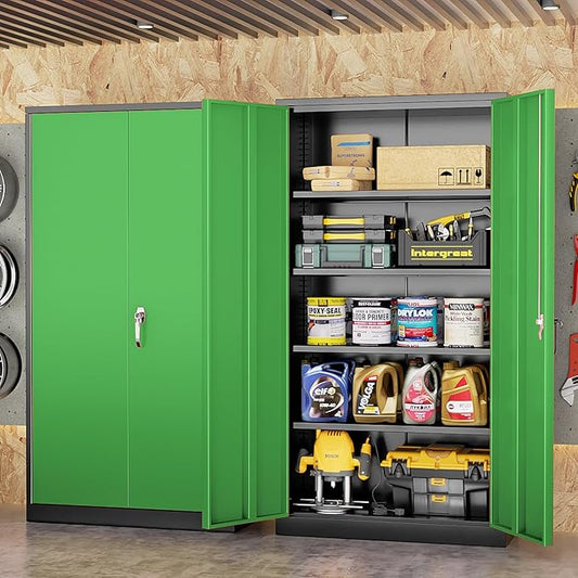 Bonusall Mental Garage Cabinets with 2 Doors and 4 Shelves, Locking Cabinet with for Tool，Steel Garage Storage Cabinets for Home Office, Warehouse，School(Black Green)