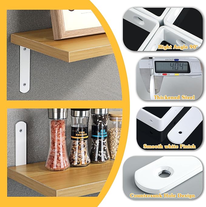 Alise Floating Shelf Brackets 4Pcs,White Bracket for Shelves Heavy Duty L Wall Bracket Corner Brace,Stainless Steel Joint Angle Brackets for Wooden Board Hanging Support,11.8x6.1x1.18 Inch (Upgraded)