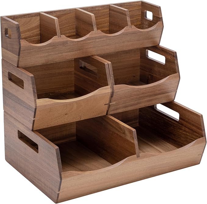 Seville Classics Acacia Wood Premium Organizer Storage Bins for Kitchen Silverware, Pantry, Closet, Office Desk, Pens, Utensils, Makeup, K Cup, Acacia, Stackable Bin Set (4 Piece)