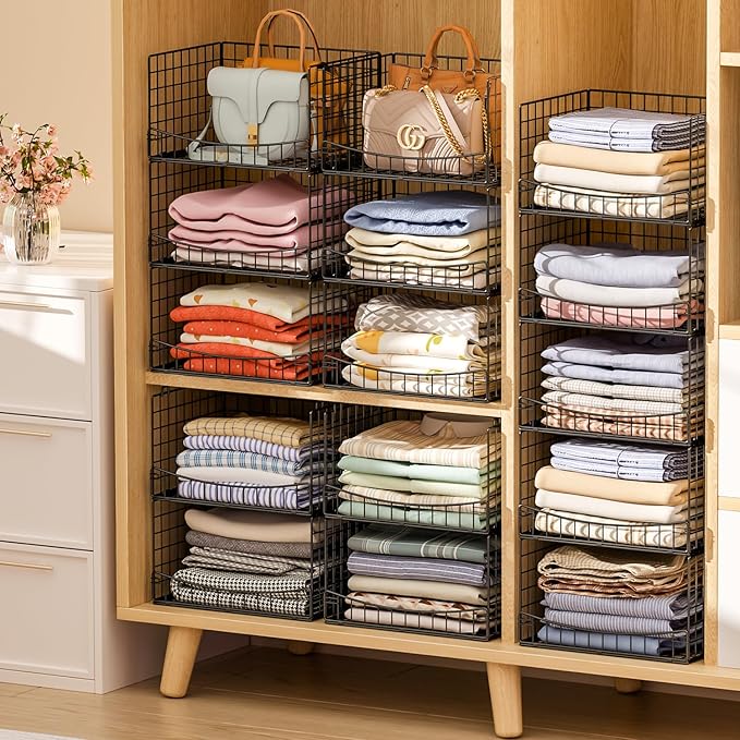 5-Tier Stackable Closet Organizers and Storage Shelves, Extend Clothing Closet Shelf Bins for Wardrobe Kitchen Office Bathroom, Clothes Organizer System-Wider Mouth Design, Black