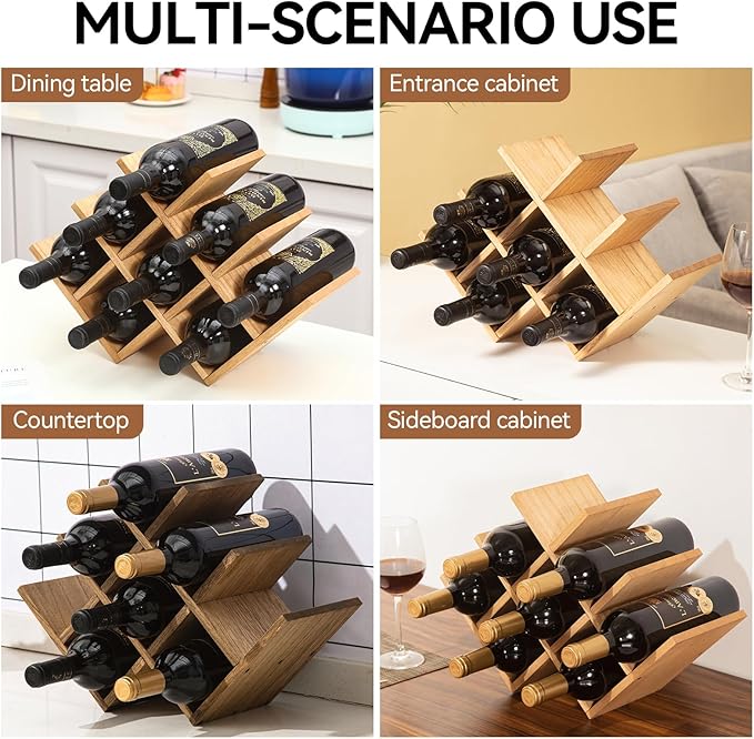 KIRIGEN Wooden 8-Bottle Wine Rack - 3-Tier Wood Wine Display Rack/Standing and Countertop Wine Storage Shelf - Bottle Holder/Cabinet Glass Rack Natural XHJJ3-NA
