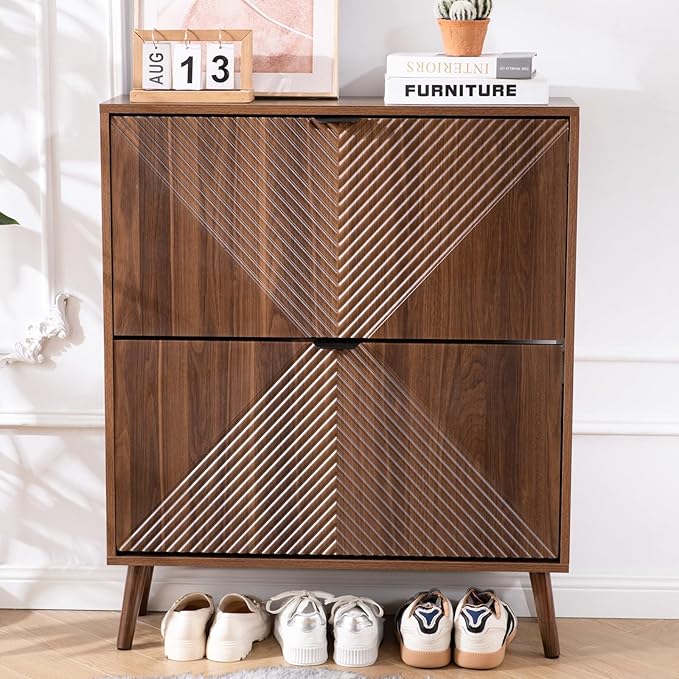 Shoe Cabinet Storage, Farmhouse Freestanding Organizer with 2 Flip Drawers and 4 Wooden feet, Narrow Shoe Rack Cabinet for Entryway, Foyer, Hallway, Walnut