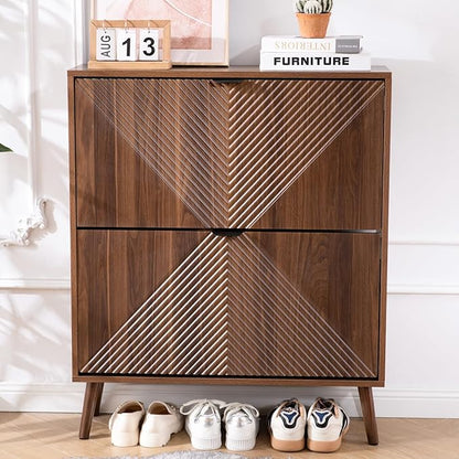 Shoe Cabinet Storage, Farmhouse Freestanding Organizer with 2 Flip Drawers and 4 Wooden feet, Narrow Shoe Rack Cabinet for Entryway, Foyer, Hallway, Walnut