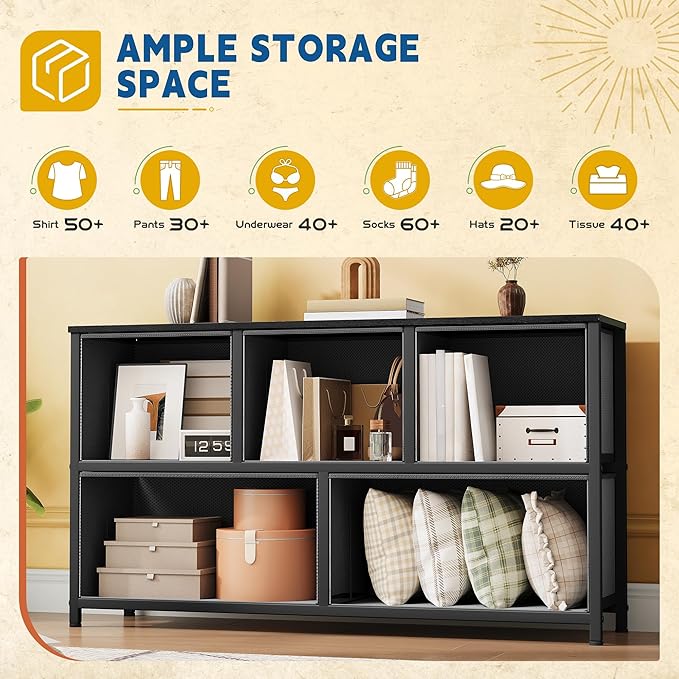 DWVO Dresser with 5 Drawers - Fabric Storage Tower, Organizer Unit for Bedroom, Living Room, Closets - Sturdy Steel Frame, Wooden Top (Black)
