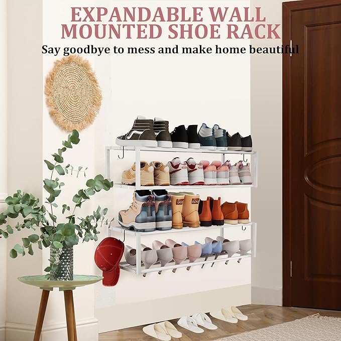 2 Pack Expandable Wall Mounted Shoe Rack, 17"-31" Adjustable Hanging Shoe Rack Holds 16 Pairs, Heavy Duty Metal Shoe Holder with 4 Storage Hooks, Space Saving for Entryway Closet Doorway（White
