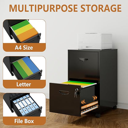 2 Drawer File Cabinet on Wheels, Mobile Two Drawer Filing Cabinet with Lock, Small Rolling Files Cabinets for Under Desk, Metal Filing Cabinets for Letter Size Folders - Assembly Required