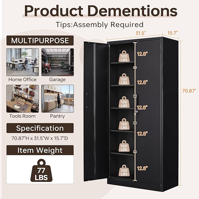 Metal Garage Storage Cabinet, 71" Tall Storage Cabinets with 2 Doors and 5 Adjustable Shelves, Steel Utility Tool Caninet, Black Locking Caninets, Lockable File Cabnet for Home/Office/School