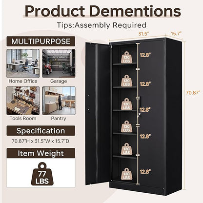 Metal Garage Storage Cabinet, 71" Tall Storage Cabinets with 2 Doors and 5 Adjustable Shelves, Steel Utility Tool Caninet, Black Locking Caninets, Lockable File Cabnet for Home/Office/School