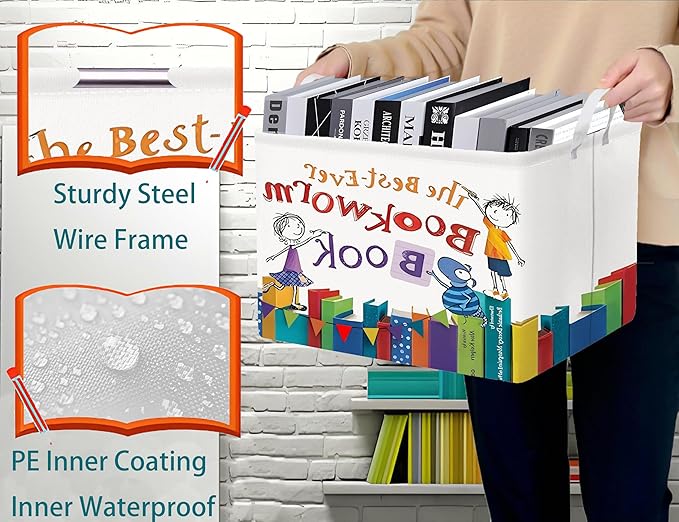 Large Kids Book Storage Bin Collapsible Nursery Toy Basket Canvas Teacher Crate Room Classroom Box Organizer Decor(Color Book)