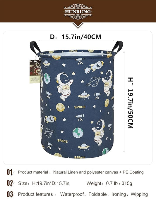 HUNRUNG Laundry Hamper,Large Canvas Fabric Lightweight Storage Basket Toy Organizer Dirty Clothes Collapsible Waterproof for College Dorms（Round-Blue Space Astronaut）