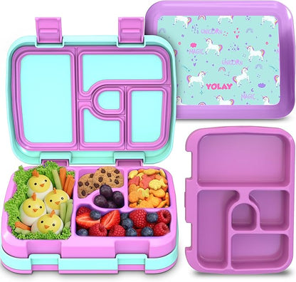 YOLAY Bento Box for Kids Lunch Box Leak-Proof, 5-Compartment Lunch Box Kids for Ages 3-10, Durable with Anti-Slip Base, Suitable for Schools, Outdoor and Travel (Mermaid) (Unicorn)