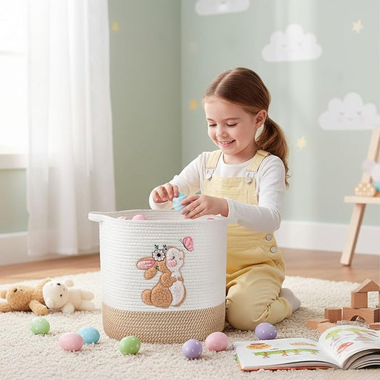 Easter Basket for Kids, Large Easter Egg Baskets Spring Gift Basket for Girls Toddlers, Toy Storage Baskets Woven Cotton Rope Storage Bins Toys Organizer Clothes Hamper for Nursery (Large, Bunny)