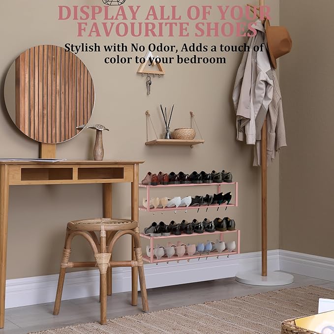 Expandable Wall Mounted Shoe Rack, 17"-31" Adjustable Hanging Shoe Rack Holds 8 Pairs, Heavy Duty Metal Shoe Holder with 2 Storage Hooks, Space Saving for Entryway Closet Doorway（Pink）