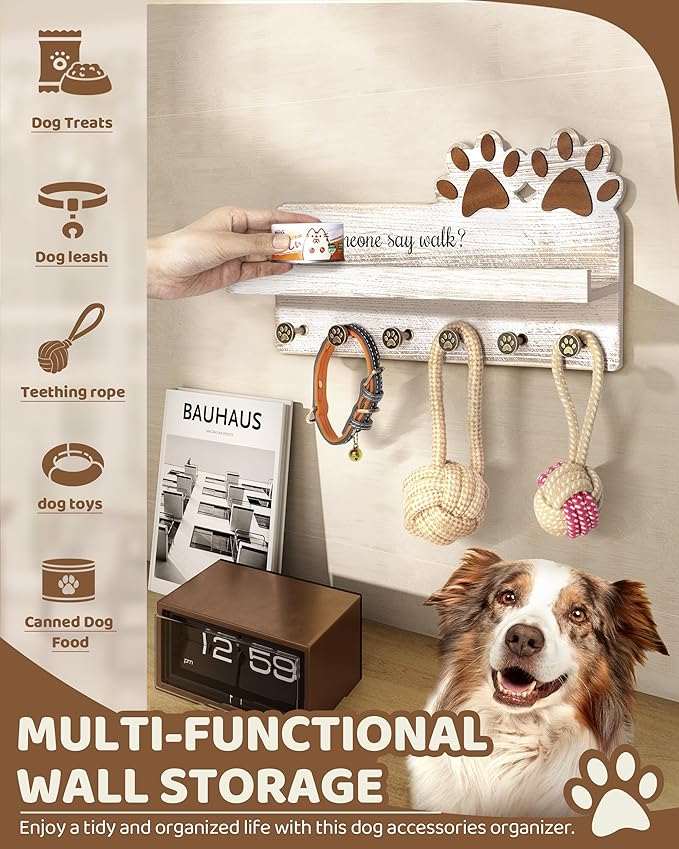 MTERSN Farmhouse Dog Leash Holder for Wall - Dog Stuff Organizer and Key Holder Wall Mount with a Floating Shelf & 6 Hooks for Home Decor - Perfect Gifts for Dogs Lovers (White)