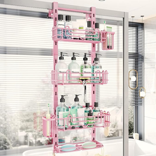 HapiRm Hanging Shower Caddy Organizer - Shower Shelf with 22 Hooks and 2 Toothbrush Holders, No Drilling Adjustable Hanging Bathroom Organizer - Pink