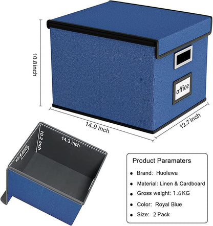 Huolewa Decorative File Organizer Boxes Office Document Storage with Lids, Portable Collapsible Linen Hanging Filing & Storage Boxes for Office/Decor/Home (Royal Blue) -14.9 x 12.7 x 10.8 inch -2 Pack