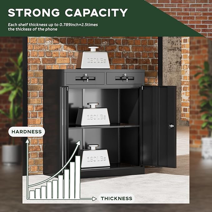 Greenvelly Metal Storage Cabinet, 36" H Lockable Storage Cabinet with 2 Drawers and Adjustable Shelf, Locked Metal Cabinets for Office, Garage, Home (Black)