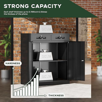 Greenvelly Metal Storage Cabinet, 36" H Lockable Storage Cabinet with 2 Drawers and Adjustable Shelf, Locked Metal Cabinets for Office, Garage, Home (Black)