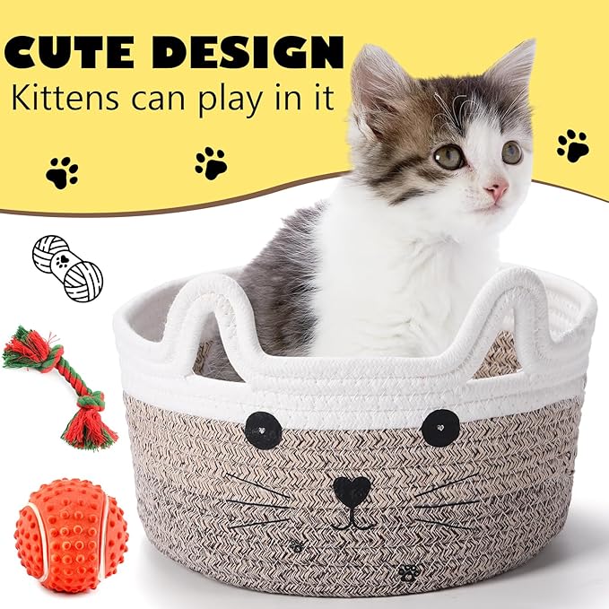 Zopeal Cat Basket Storage Woven Organizer with Ears Easter Decorative Gift Pet Toy Cute Cotton Rope Basket for Gift Cat Dog Toy Bin Nursery Room(8.3 x 4.7 Inch,Gradient Khaki)