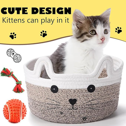 Zopeal Cat Basket Storage Woven Organizer with Ears Easter Decorative Gift Pet Toy Cute Cotton Rope Basket for Gift Cat Dog Toy Bin Nursery Room(8.3 x 4.7 Inch,Gradient Khaki)