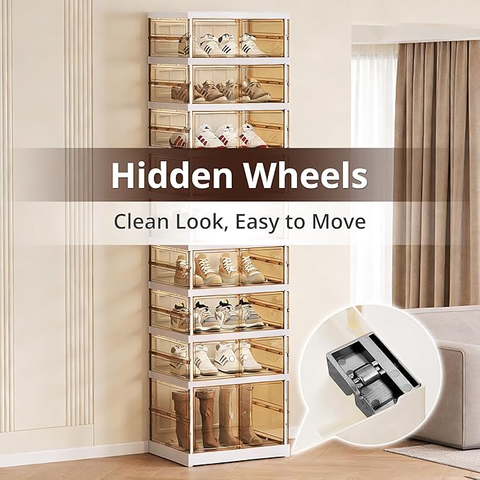 Foldable Collapsible Shoe Box Organizer Rack – 9 Tier Stackable Clear Sneaker Storage Boxes with Lids, Folding Shoe Cabinet Shelf, Plastic Portable Storage Bins with Easy Assembly for Closet Entryway