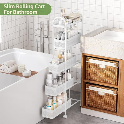 KINGRACK 5-Tier Slim Storage Cart with Pull Out Basket, Rolling Bathroom Organizer Utility, Metal Shelving Unit Slide Out, Lockable Wheels, Easy Assembly for Narrow Place, Kitchen, Laundry Room, White