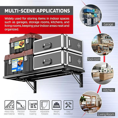 1.2x3FT Adjustable Garage Shelf Wall Mounted Fold Down Shelf Metal Heavy Duty Black 1Pack