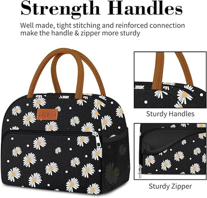Coobiiya Lunch Bag Lunch Box for Women Men, Reusable Cute Lunchbag - Leakproof, Adult Insulated Lunch Box Tote with Large Capacity, Cooler Container for Work, Travel, Office (Black Daisy)