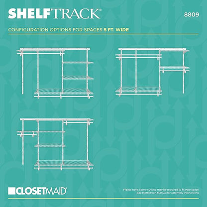 ClosetMaid ShelfTrack Wire Closet Organizer System, Adjustable from 5 to 8 Ft., with Shelves, Clothes Rods, Hardware, Durable Steel, White