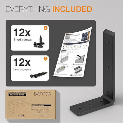 BATODA 10” Countertop Support Brackets (4 PCS) for Granite - Heavy Duty L Shelf Bracket - Wall Mounted Support for DIY Open Shelving – Blind Shelf Support - Shelving Mounting