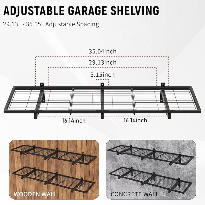 2 Pack Garage Wall Shelves, 46"X 12.5" Garage Shelving Wall Mounted, Heavy Duty Shelf Organizer with 8 Hooks, Black Floating Storage Metal Rack 320 LBS Capacity for Laundry Room, Office, Basement