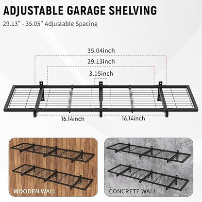 2 Pack Garage Wall Shelves, 46"X 12.5" Garage Shelving Wall Mounted, Heavy Duty Shelf Organizer with 8 Hooks, Black Floating Storage Metal Rack 320 LBS Capacity for Laundry Room, Office, Basement
