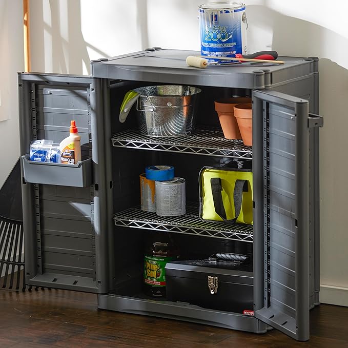 Gracious Living 2-Shelf Base Cabinet, MaxIt Lockable Utility Storage with Adjustable Shelves for Garage, Basement, Workshop, Grey - Small