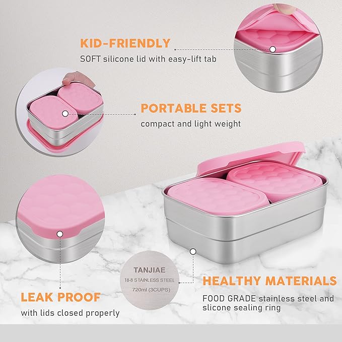 Stainless Steel Lunch Box for Kids | Leak Proof 304 Stainless Steel Snack Containers with Silicone Lids - Perfect Metal Food Containers Set for Kids and Toddlers (25oz+8oz*2)