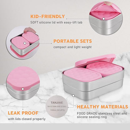 Stainless Steel Lunch Box for Kids | Leak Proof 304 Stainless Steel Snack Containers with Silicone Lids - Perfect Metal Food Containers Set for Kids and Toddlers (25oz+8oz*2)