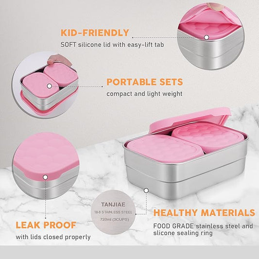 Stainless Steel Lunch Box for Kids | Leak Proof 304 Stainless Steel Snack Containers with Silicone Lids - Perfect Metal Food Containers Set for Kids and Toddlers (25oz+8oz*2)