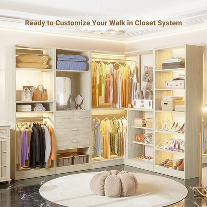 Unikito 36 Inch Corner Closet System, Large Freestanding Closet Organizer System with 2 Hanging Rods and Storage Shelves, Sturdy Walk in Tower, 36" W x 36" D x 80" H, White Oak