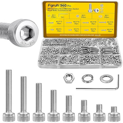 960pcs M2.5 Screws with Nuts Assortment kit, M2.5x4/6/8/10/12/16/20/25 mm 304 Stainless Steel Hex Socket Head Bolts with Flat & Lock Washers Assorted Set
