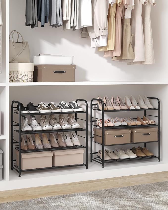 SONGMICS 4 Tier Shoe Rack, Stackable Storage Rack, Up to 16 Pairs, Metal, 68.5 x 27.5 x 65 cm, for High Heels, Sneakers, Slippers, in Entrance, Black LMR067B01