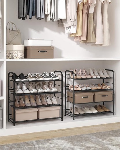 SONGMICS 4 Tier Shoe Rack, Stackable Storage Rack, Up to 16 Pairs, Metal, 68.5 x 27.5 x 65 cm, for High Heels, Sneakers, Slippers, in Entrance, Black LMR067B01