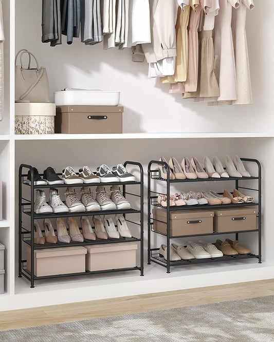 SONGMICS Stackable Shoe Rack, 4 Tier Metal Shoes Rack Storage Shelf, Holds up to 20 Pairs Shoes, Adjustable Slanted Shelves Shoe Tower Organizer for Closet Entryway Small Spaces, Black