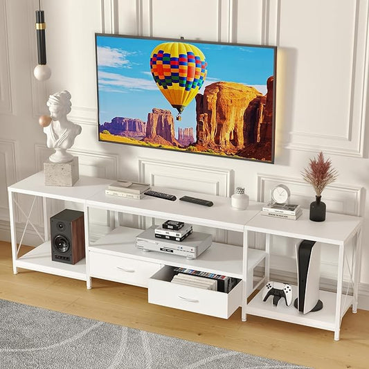GYIIYUO TV Stand with Fabric Drawer for 65 70 75 Inches TV - Entertainment Center and Industrial TV Console Table with Open Storage Shelves for Living Room, Bedroom - 63" White