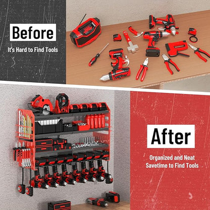 Power Tool Organizer Wall Mount, Metal Power Tool Storage Rack with Screwdriver Holder, Garage Tool Storage Shelves with Screwdriver Holder Plier Holder (Red, 8 Drills Holder)