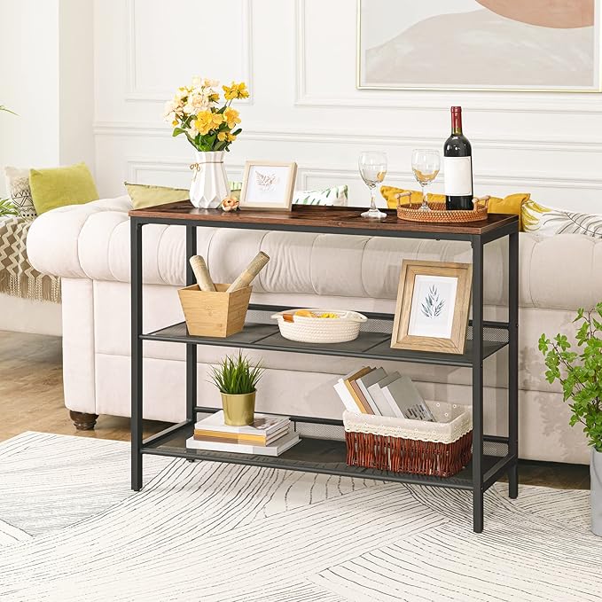 HOOBRO Console Table, Sofa Table with 2 Flat or Slant Adjustable Mesh Shelves, Hallway Table and Sideboard in Entryway, Living Room Corridor, Easy Assembly, Industrial, Rustic Brown and Black BF01XG01
