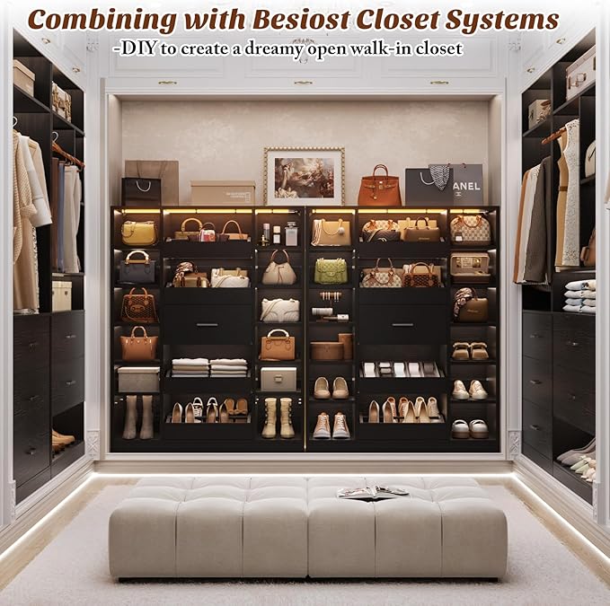 40" Closet System with LED Lights, Wooden Closet Organizer with 5 Drawers & 12 Shelves, Versatile Closet Storage Tower for Walk-in Closets, Shoe Rack and Handbag Storage Cabinet, Black