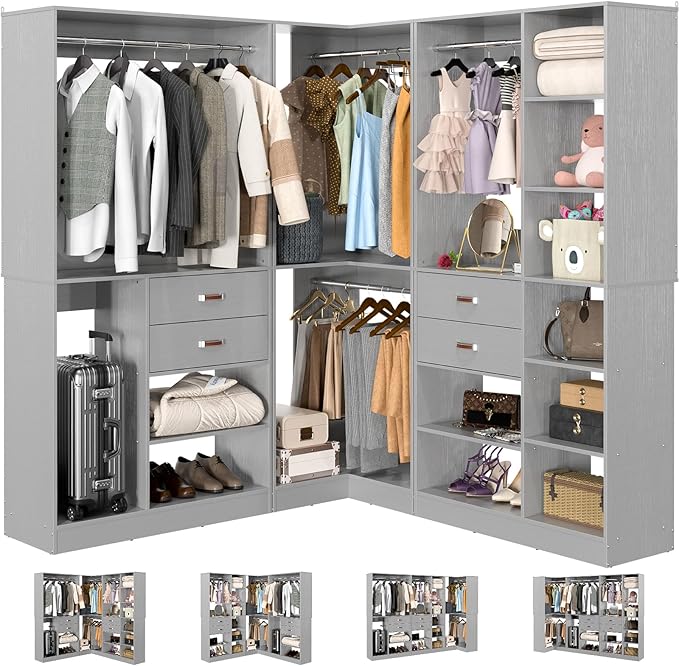 Armocity Freestanding Closet System with 3 Sets, 110'' Reversible Stand-alone Wardrobe, 80'' Height Cloth Garment Organizer, Walk-in Closet with Hanging Rod, 71"L x 71"W x 80"H, Load 2500 LBS, Grey