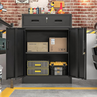 CJF Metal Storage Cabinet, Locking Storage Cabinet with 1 Drawer and Adjustable Shelf, 36" H x 28" W x 16" D Metal Cabinets for Office, Home, Garage -Black