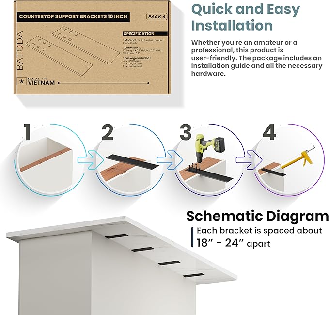 BATODA 10" Countertop Support Brackets (4 pcs) for Granite - Heavy Duty L Shelf Bracket - Wall Mounted Support for DIY Open Shelving – Knee Wall Support - Mounting Hardware Included ( Pack 4 )