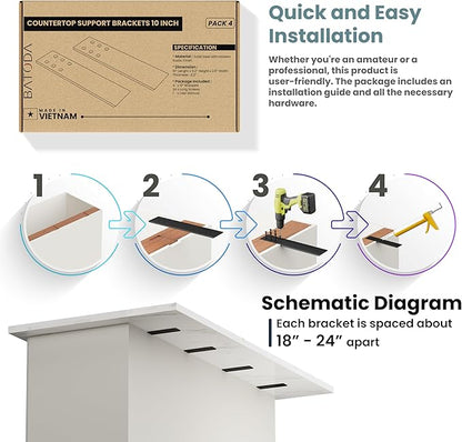 BATODA 10" Countertop Support Brackets (4 pcs) for Granite - Heavy Duty L Shelf Bracket - Wall Mounted Support for DIY Open Shelving – Knee Wall Support - Mounting Hardware Included ( Pack 4 )