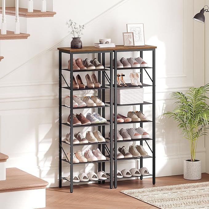 8-Tier Narrow Shoe Rack, Vertical Shoe Storage Organizer, for 12-24 Pairs, Shoe Shelf with Metal Frame, for Hallway, Entryway, Living Room, Rustic Brown and Black SRHR08401